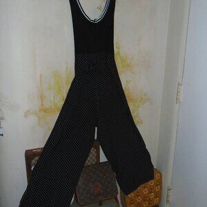 Vintage 70s Black Palazzo Pants Jumper Black Polkadot Cottage Core Boho Romper M